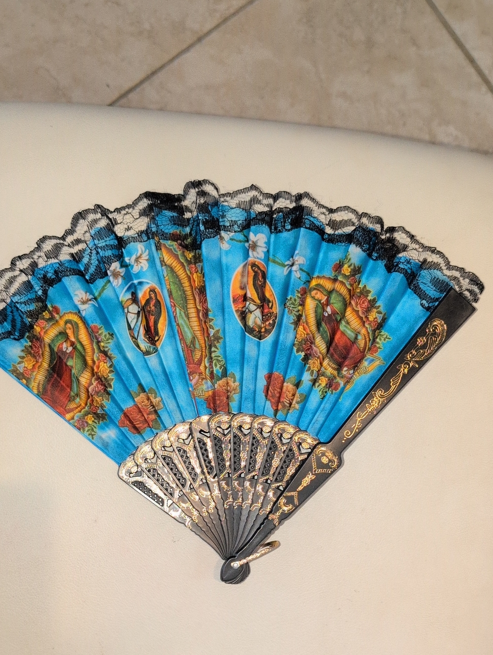 Decorative Blue Hand Fan with Religious Motifs Set Of 2